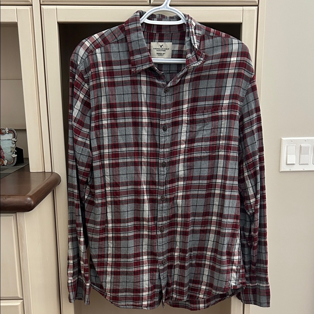 American Eagle Outfitters Red and Gray Plaid Shirt
